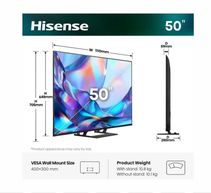 Hisense 50" A7S, 4K Ultra HD 3840x2160, QLED, FALD, Quantum Dot, HDR 10+, HLG, Dolby Vision, Dolby Atmos, Smart TV, WiFi 5GHz, WiFi Direct, BT, Anyview Cast, 3xHDMI, 2xUSB, LAN, CI+, DVB-T2/C/S2, Black