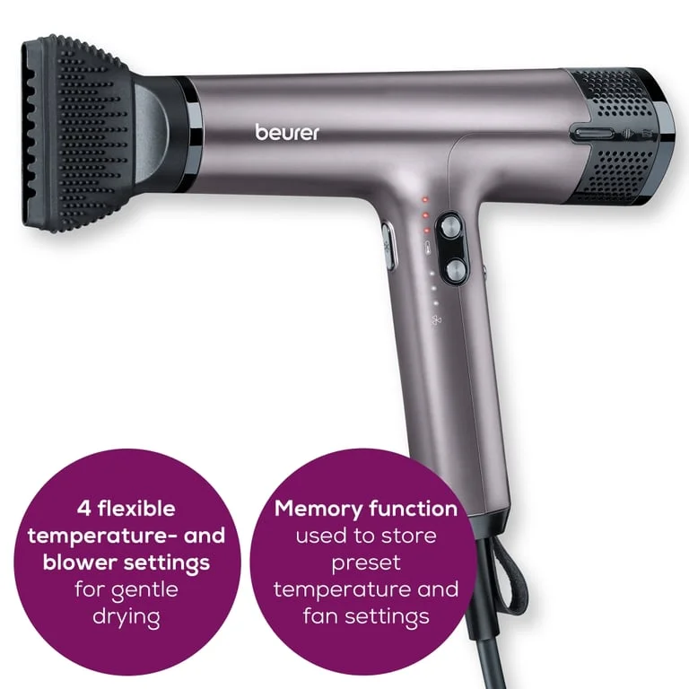 Beurer HC 100 Excellence Hair dryer, ECO technology, lightweight and ergonomic, Slim, magnetic nozzle and diffuser, Ion function, 4 temperature and blower settings, Integrated memory function