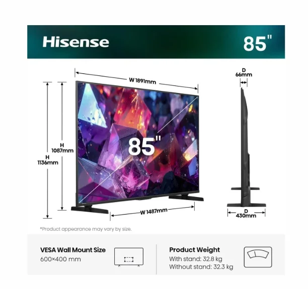 Hisense 85" E7S Pro, 4K Ultra HD 3840x2160, QLED, Quantum Dot, 144Hz, HDR 10+ adaptive, HLG, Dolby Vision, Hi-Concerto,Dolby Vision Atmos, Smart TV, WiFi 5GHz, WiFi Direct,Light Sensor, BT, Anyview Cast, 4xHDMI, 2xUSB, LAN, CI+, DVB-T2/C/S2, Black