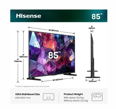 Hisense 85" E7S Pro, 4K Ultra HD 3840x2160, QLED, Quantum Dot, 144Hz, HDR 10+ adaptive, HLG, Dolby Vision, Hi-Concerto,Dolby Vision Atmos, Smart TV, WiFi 5GHz, WiFi Direct,Light Sensor, BT, Anyview Cast, 4xHDMI, 2xUSB, LAN, CI+, DVB-T2/C/S2, Black