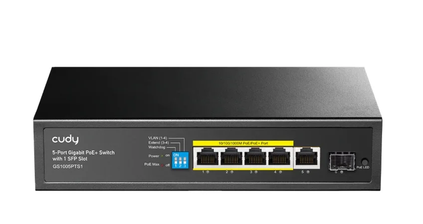Cudy GS1005PTS1 5-Port Gigabit PoE+ Switch with 1 SFP Port 120W5-Port 10/100/1000M PoE+ Switch 120W, 4-Port 10/100/1000M PoE+ ports, Fanless, 120W Internal Power Supply