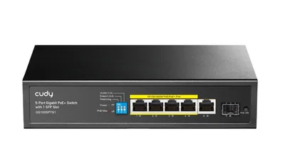 Cudy GS1005PTS1 5-Port Gigabit PoE+ Switch with 1 SFP Port 120W5-Port 10/100/1000M PoE+ Switch 120W, 4-Port 10/100/1000M PoE+ ports, Fanless, 120W Internal Power Supply