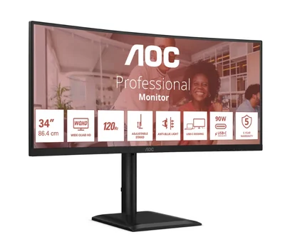 AOC CU34E4CV, 34" Curved 1500R VA WLED, 3440x1440@120Hz, 4ms GtG, 350cd m/2, 3500:1, 20M:1 DCR, Adaptive Sync, FlickerFree, Anti Blue Mode, 5Wx2, Tilt, Height Adjust, Swivel, 2xHDMI, DP, USB hub, RJ45