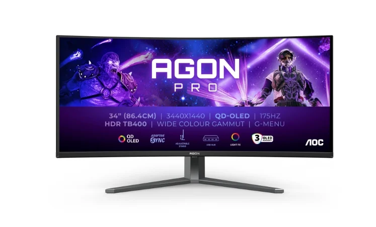 AOC AG346UCD, 34" Curved 1800R QD-OLED, 3440x1440@175Hz, 0.03msGtG, 1000 cd/m2, 1.5M:1, 80M:1DCR, Adaptive Sync, FlickerFree, Low Blue Light, 8Wx2, Tilt, Height Adjust, Swivel, 2xHDMI, DP, USB hub