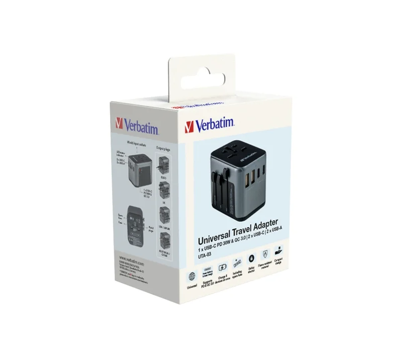 Пътен адаптер Verbatim UTA-03 универсален с 1 x USB-C PD 30W, QC 3.0, 2 x USB-C, 2 x USB-A