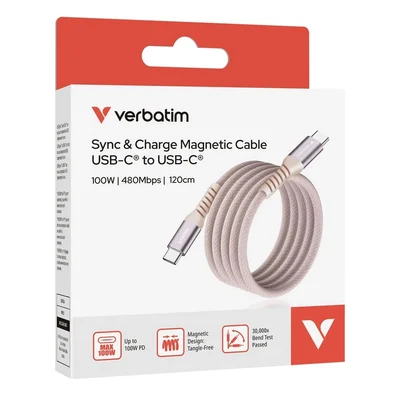 USB-C кабел Verbatim Sync & Charge 100W магнитен 1.2 m - розов