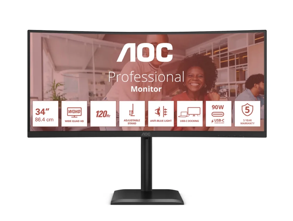 AOC CU34E4CV, 34" Curved 1500R VA WLED, 3440x1440@120Hz, 4ms GtG, 350cd m/2, 3500:1, 20M:1 DCR, Adaptive Sync, FlickerFree, Anti Blue Mode, 5Wx2, Tilt, Height Adjust, Swivel, 2xHDMI, DP, USB hub, RJ45
