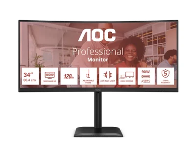 AOC CU34E4CV, 34" Curved 1500R VA WLED, 3440x1440@120Hz, 4ms GtG, 350cd m/2, 3500:1, 20M:1 DCR, Adaptive Sync, FlickerFree, Anti Blue Mode, 5Wx2, Tilt, Height Adjust, Swivel, 2xHDMI, DP, USB hub, RJ45