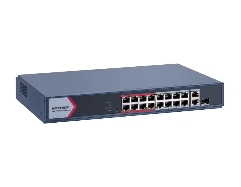 HikVision 16 Port Fast Ethernet Smart POE Switch, 16 x 10/100M PoE ports, 1 x Gigabit RJ45 port, 1 x Gigabit combo, Total PoE Power Budget 130 W, Up to 300 m Long Range PoE Transmission, 6 kV Surge Protection
