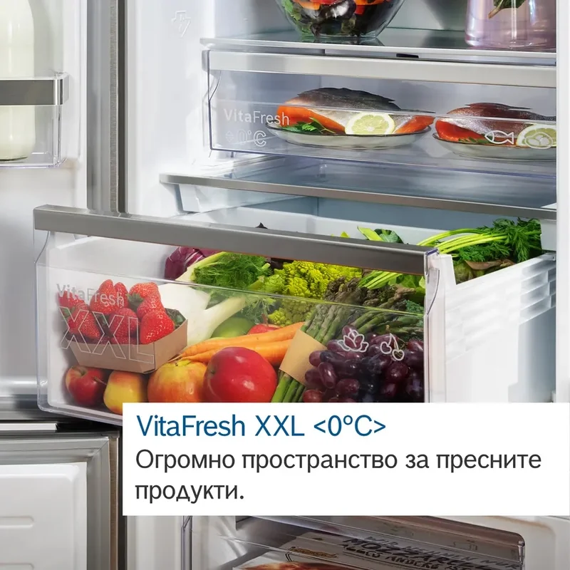 Bosch KGN397LDF, SER4, FS fridge-freezer NoFrost, D, 203/60/66cm, 363l(260+103), 35dB(B), IC, VitaFresh XXL, 0° drawer, Glossy Backwall with Multi Airflow, 2 cooling systems, Intelligent Inverter Technology, Inox-look, display