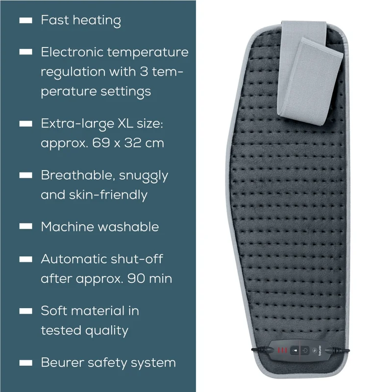 Beurer HK 60 Cosy Grey Abdominal & Back Heat Pad; 3 temperature settings; auto switch-off after 90 min; washable on 30°;Fast heating; Fleece fibre;BSS;69(L)x28(W) cm: Max waist 102sm