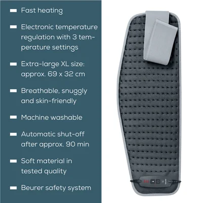 Beurer HK 60 Cosy Grey Abdominal & Back Heat Pad; 3 temperature settings; auto switch-off after 90 min; washable on 30°;Fast heating; Fleece fibre;BSS;69(L)x28(W) cm: Max waist 102sm