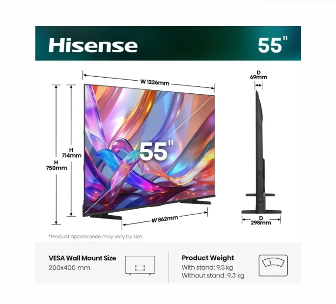 Hisense 55" E7S, 4K Ultra HD 3840x2160, QLED, Quantum Dot, HDR 10+, HLG, Dolby Vision, DTS Virtual X, Smart TV, WiFi, Light Sensor, BT, Anyview Cast, 3xHDMI, 2xUSB, LAN, CI+, DVB-T2/C/S2, Black