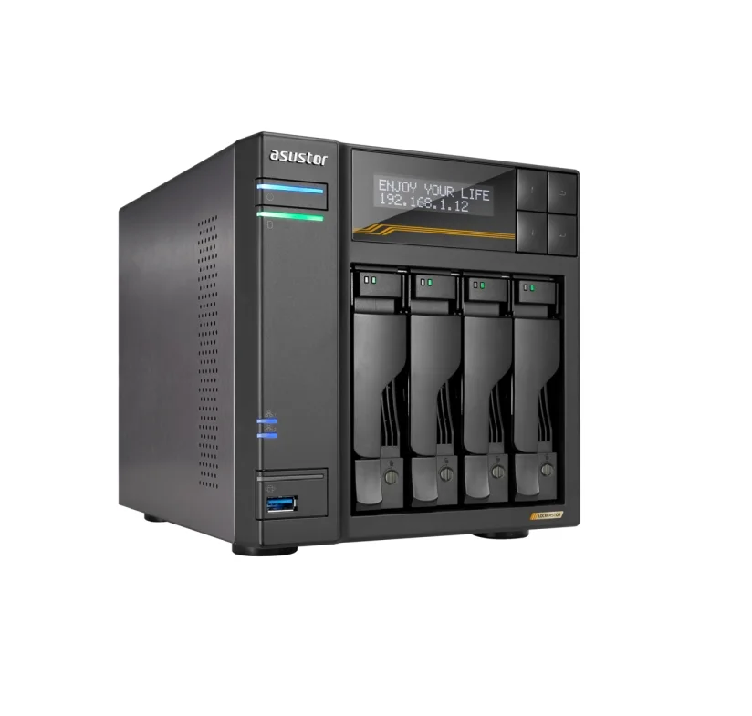 Мрежов сторидж Asustor Lockerstor 4 Gen3 AS6804T, 4-Bay, AMD Ryzen V3C14 Quad-Core 2.3GHz (до 3.8GHz), 16GB ECC DDR5 RAM, Dual USB 4.0, Dual 10GbE, Dual 5GbE, 4x M.2 слота, без дискове, черен