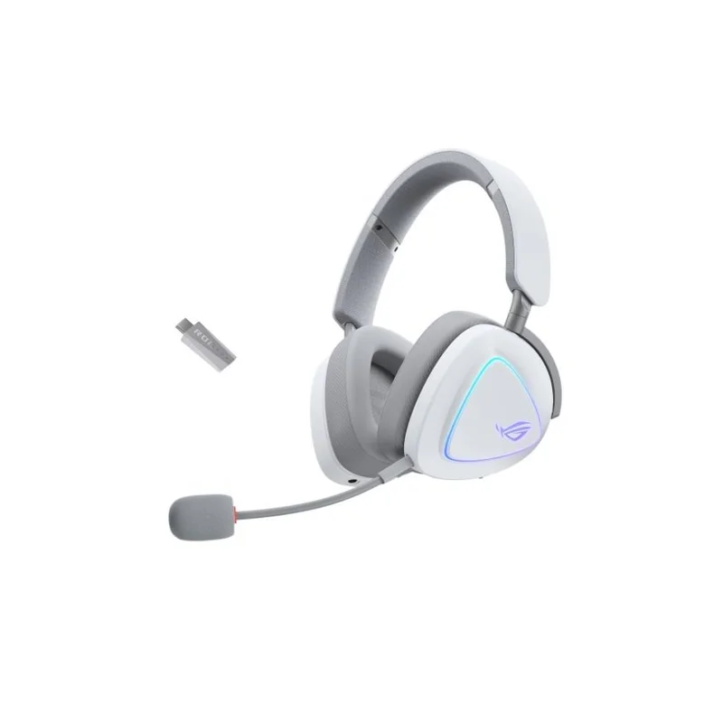 Геймърски слушалки ASUS ROG Delta II Wireless Moonlight White, безжични, 50мм титаниеви говорители, 10мм микрофон, до 110 часа работа, DualFlow Audio, BT, ROG SpeedNova 2.4GHz, 3.5mm, за PC, Switch, PS5, Xbox