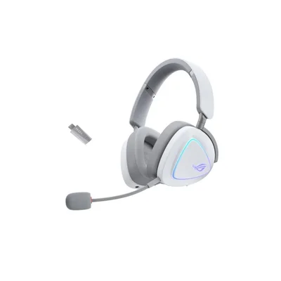 Геймърски слушалки ASUS ROG Delta II Wireless Moonlight White, безжични, 50мм титаниеви говорители, 10мм микрофон, до 110 часа работа, DualFlow Audio, BT, ROG SpeedNova 2.4GHz, 3.5mm, за PC, Switch, PS5, Xbox