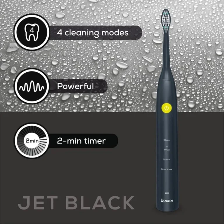 Електрическа четка за зъби Beurer SC 30 Jet Black, до 80 000 движения/мин, 4 почистващи програми, 2 накрайника, USB-C зареждане, 15 дни живот на батерията, черна