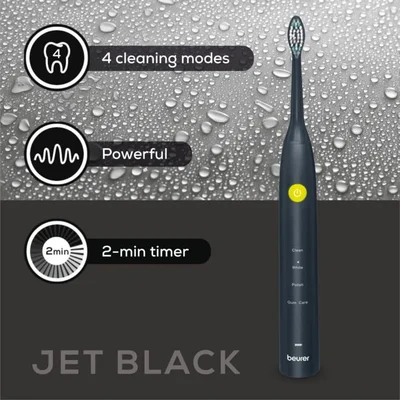 Електрическа четка за зъби Beurer SC 30 Jet Black, до 80 000 движения/мин, 4 почистващи програми, 2 накрайника, USB-C зареждане, 15 дни живот на батерията, черна
