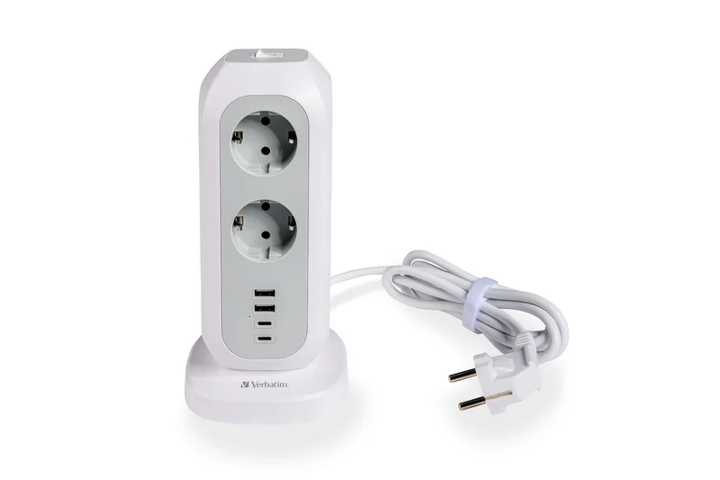Разклонител Verbatim EUPT-01 Power Tower 11 гнезда, 2x USB-C, 2x USB-A, 3600W, 2m, Бял