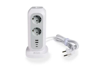 Разклонител Verbatim EUPT-01 Power Tower 11 гнезда, 2x USB-C, 2x USB-A, 3600W, 2m, Бял