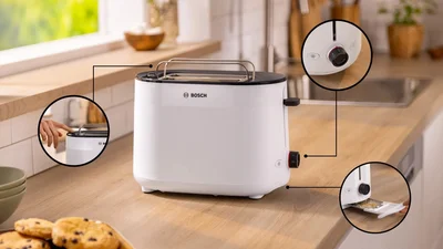 Bosch TAT2M121, MyMoment Compact toaster, 950 W, Auto power off, Defrost and reheat setting, Integrated warming grid, High lift, White