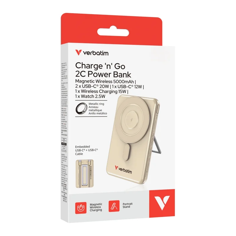 Verbatim Charge 'n' Go 2C Power Bank Magnetic Wireless 5000mAh with 2 USB-C Cables & Stand Gold
