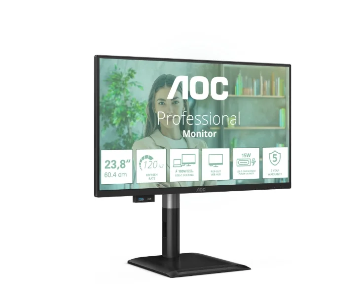 AOC 24P4CV, 23.8" IPS WLED, 1920x1080@120Hz, 4ms GtG, 300cd m/2, 1500:1, 50M:1 DCR, Adaptive Sync, FlickerFree, Anti-Blue Light, 2Wx2, Tilt, Height Adjust, Pivot, Swivel, HDMI, DP, USB hub, RJ45