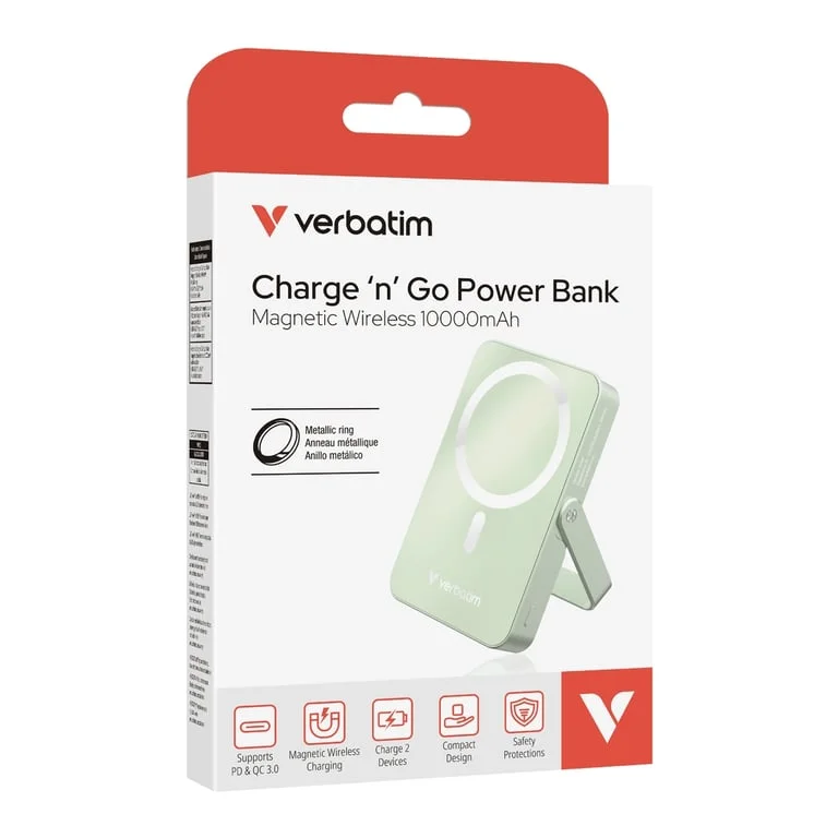Външна батерия Verbatim Charge 'n' Go 10000mAh, магнитно безжично зареждане, стойка, зеленa