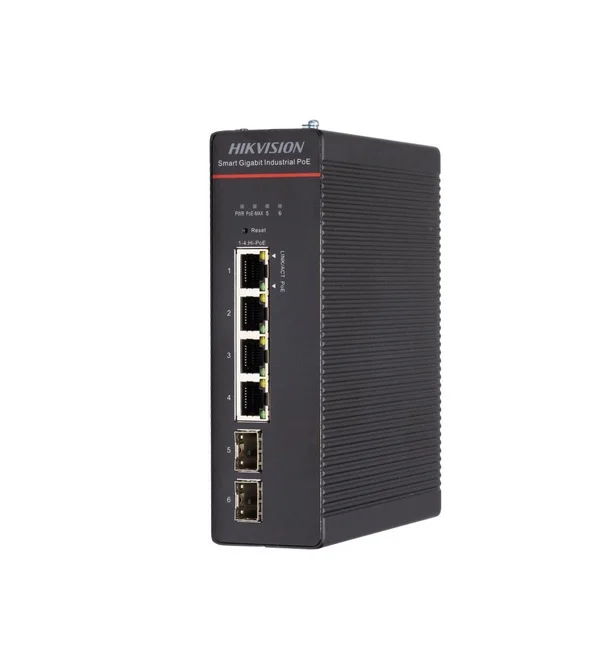 HikVision Industrial Smart Managed POE Switch, 4 x Gigabit PoE port, 2 x Gigabit fiber optical port, PoE Power Budget 300 W, Up to 300 m Long-range Transmission, 6 kV Surge Protection, -40 °C to 75 °C wide temperature range