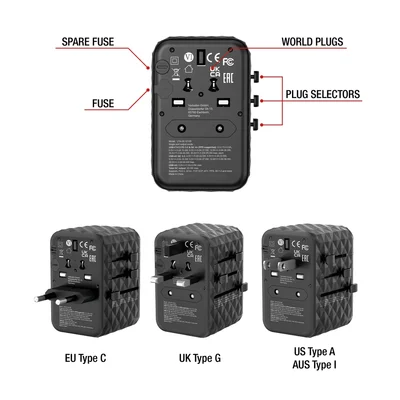 Verbatim UTA-05 GaN III Universal Travel Adapter with 2 x USB-C PD 65W & QC 4+ / 2 x USB-A