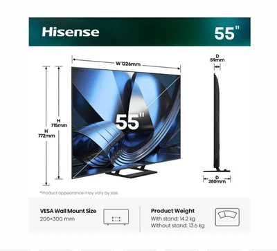 Hisense 55" U7SE, 4K Ultra HD 3840x2160, ULED, FALD, Quantum Dot, 144Hz, IPS, HDR 10+, HLG, Dolby Vision IQ, Dolby Atmos, Smart TV, WiFi 5GHz, WiFi Direct, BT, Anyview Cast, 4xHDMI, 2xUSB, LAN, CI+, DVB-T2/C/S2, Black