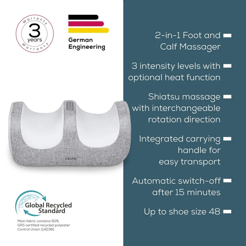 Beurer FM 42 Foot and calf massager; 2-in-1: Foot and calf massager; Soothing Shiatsu foot massage; Optional heat function; up to EU shoe size 48; 3 intensity levels
