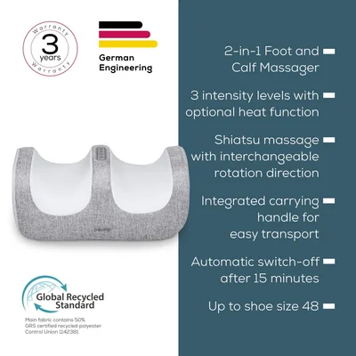 Beurer FM 42 Foot and calf massager; 2-in-1: Foot and calf massager; Soothing Shiatsu foot massage; Optional heat function; up to EU shoe size 48; 3 intensity levels