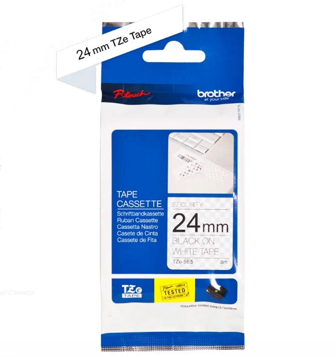 Етикетна лента Brother TZESE5 2.4 см x 8 м черен надпис на бял фон