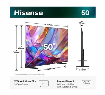 Hisense 50" E7S, 4K Ultra HD 3840x2160, QLED, Quantum Dot, HDR 10+, HLG, Dolby Vision, DTS Virtual X, Smart TV, WiFi, Light Sensor, BT, Anyview Cast, 3xHDMI, 2xUSB, LAN, CI+, DVB-T2/C/S2, Black