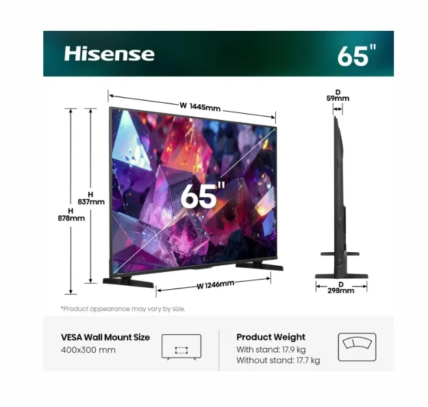 Hisense 65" E7S Pro, 4K Ultra HD 3840x2160, QLED, Quantum Dot, 144Hz, HDR 10+ adaptive, HLG, Dolby Vision, DTS Virtual X, Smart TV, WiFi 5GHz, WiFi Direct, BT, Anyview Cast, 4xHDMI, 2xUSB, LAN, CI+, DVB-T2/C/S2, Black