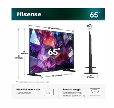 Hisense 65" E7S Pro, 4K Ultra HD 3840x2160, QLED, Quantum Dot, 144Hz, HDR 10+ adaptive, HLG, Dolby Vision, DTS Virtual X, Smart TV, WiFi 5GHz, WiFi Direct, BT, Anyview Cast, 4xHDMI, 2xUSB, LAN, CI+, DVB-T2/C/S2, Black