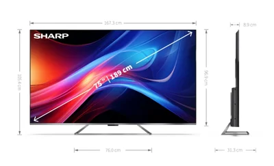 Sharp 75GP7265E, 75" QLED Google TV, 4K Ultra HD 3840x2160 Frameless, AQUOS, DVB-T/T2/C/S/S2, Active Motion 1200, HDR10, Dolby Atmos, Dolby Vision, Google Assistant, HARMAN/KARDON, Chromecast Built-in, HDMI 2.1 with eARC, Aluminium finish, USB, Wi-Fi, Bl