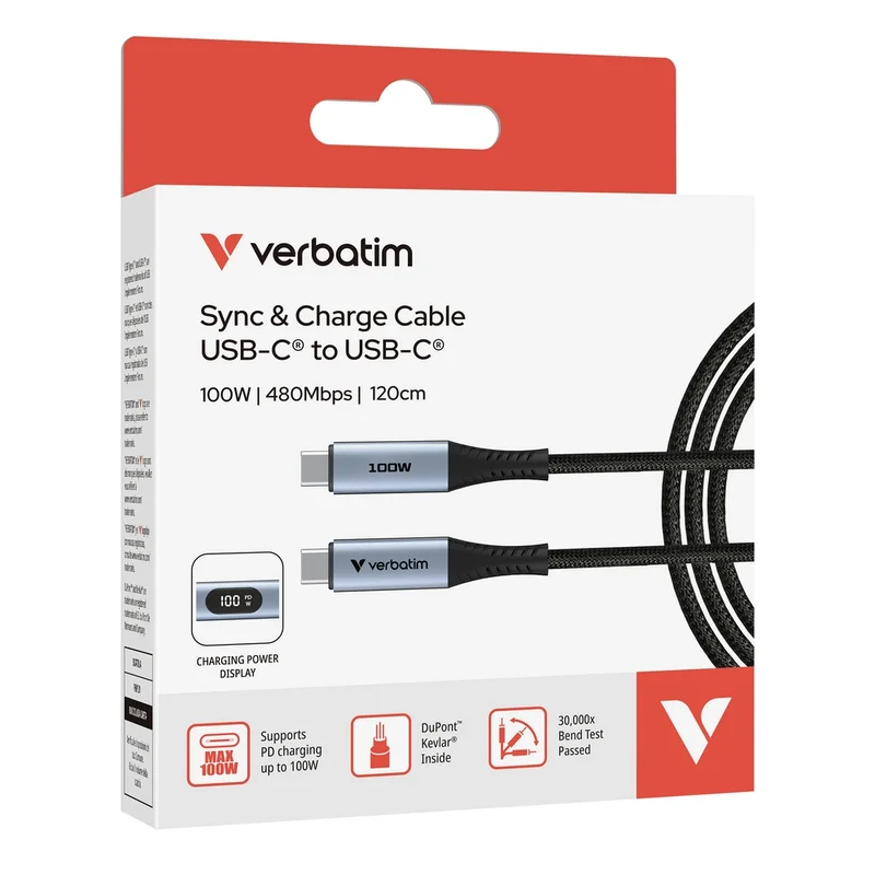 USB-C кабел Verbatim Sync & Charge 100W, 1.2 m, черен