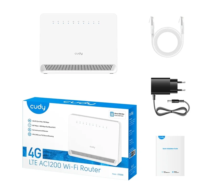 Cudy LT500E Wi-Fi 4G LTE Cat.4 Router AC1200 Wi-Fi build-in 4G LTE modem 4 10/100M RJ45 Ports Nano SIM Slot, 300Mbps at 2.4GHz + 867Mbps at 5GHz Internal antennas Cudy Mesh Support