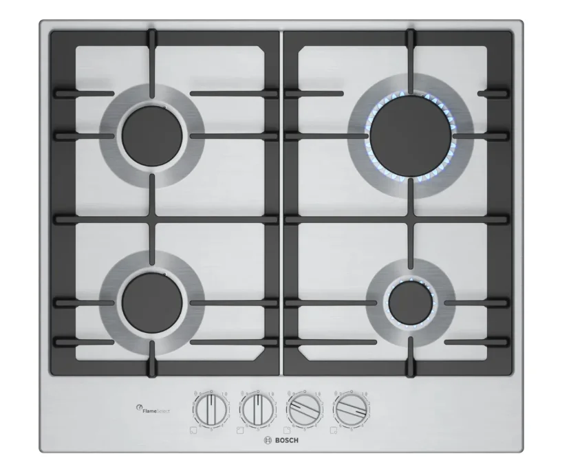 Bosch PCP6A5I90, SER6, Gas hob, 4 zones, Wok burner, 9 power levels, FlameSelect new, Easy cleaning, inox, 60cm