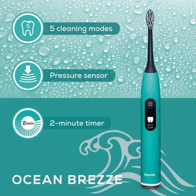 Beurer SC 50 ocean breeze Electric Sonic Toothbrush, up to 80,000 mov/min, 5 cleaning programs: Clean, Sensitive, Polish, Gum Care, Whiten, Pressure sensor , 2-min. timer, Incl. 2 toothbrush heads and magnetic charging plate, 22 days of battery life