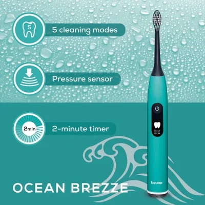 Beurer SC 50 ocean breeze Electric Sonic Toothbrush, up to 80,000 mov/min, 5 cleaning programs: Clean, Sensitive, Polish, Gum Care, Whiten, Pressure sensor , 2-min. timer, Incl. 2 toothbrush heads and magnetic charging plate, 22 days of battery life