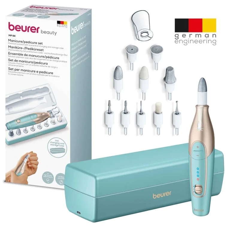 Beurer MP 84 Premium Manicure/pedicure set, 10 attachments, 3 speed levels, Ergonomic design and bright LED light, Lithium ion battery, with practical charging and storage case