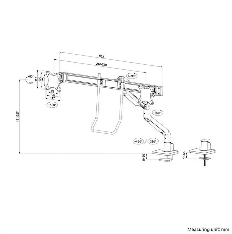 Neomounts Next One Desk Mount, double display crossbar (topfix clamp/grommet)