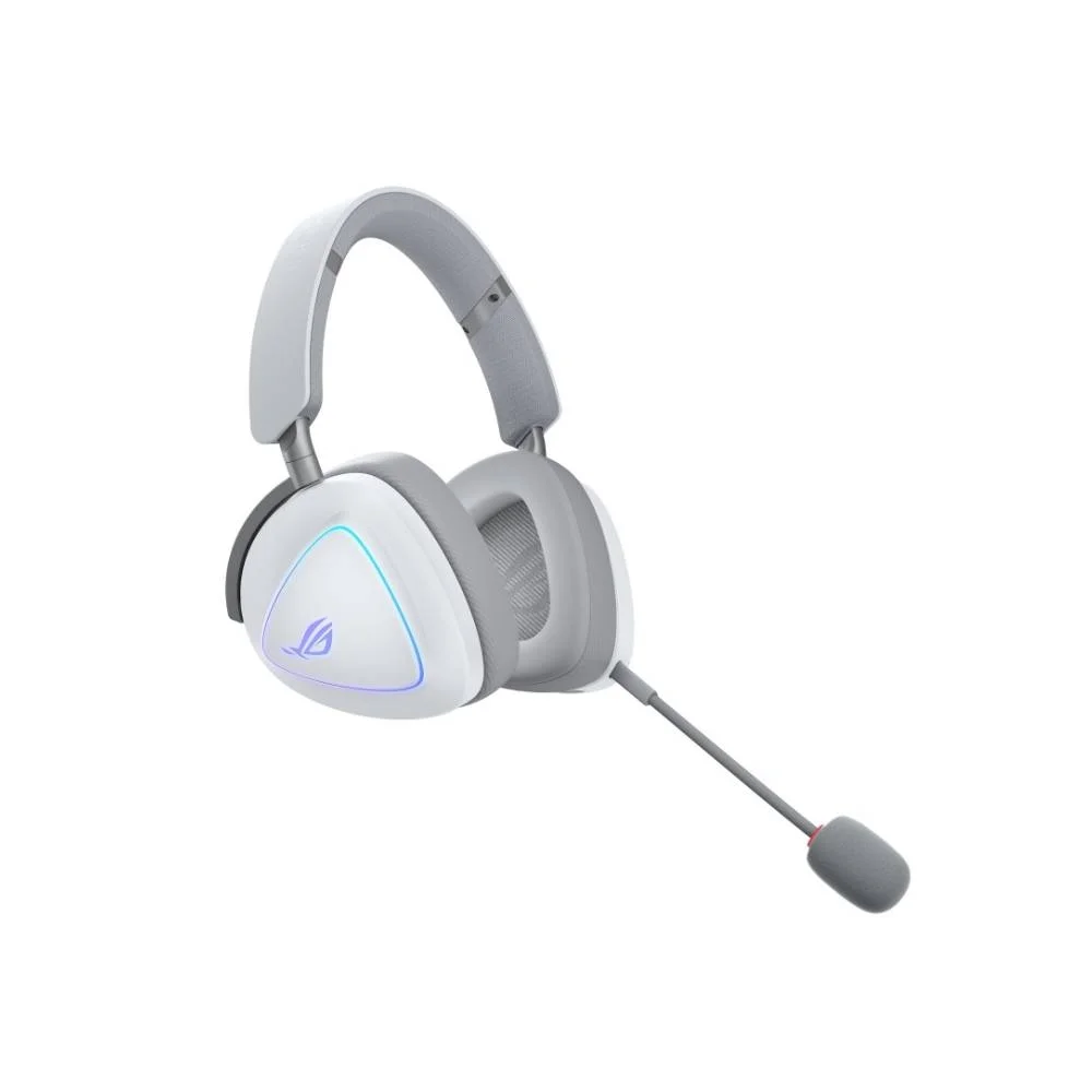 Геймърски слушалки ASUS ROG Delta II Wireless Moonlight White, безжични, 50мм титаниеви говорители, 10мм микрофон, до 110 часа работа, DualFlow Audio, BT, ROG SpeedNova 2.4GHz, 3.5mm, за PC, Switch, PS5, Xbox
