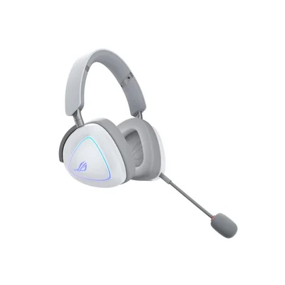 Геймърски слушалки ASUS ROG Delta II Wireless Moonlight White, безжични, 50мм титаниеви говорители, 10мм микрофон, до 110 часа работа, DualFlow Audio, BT, ROG SpeedNova 2.4GHz, 3.5mm, за PC, Switch, PS5, Xbox