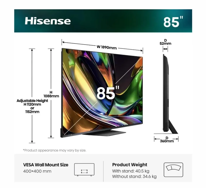 Hisense 85" UR8S, 4K Ultra HD 3840x2160, RGB Mini Led , DLED, Quantum Dot, 180Hz, IPS, HDR 10+, HLG, Dolby Vision IQ, Dolby Atmos, Smart TV,Light Sensor,WiFi 6eGHz, WiFi Direct, BT,2x10 W + 20 W + 2x5 W, Anyview Cast, 4xHDMI, 2xUSB, LAN, CI+, DVB-T2/C/S2