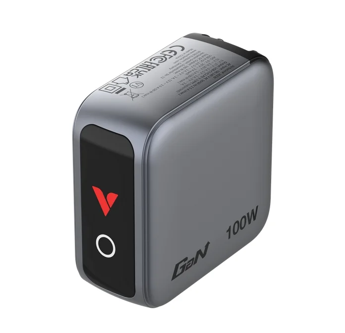 Зарядно устройство Verbatim Mini GaN 100W с дисплей и USB-C към USB-C кабел 100W, сиво