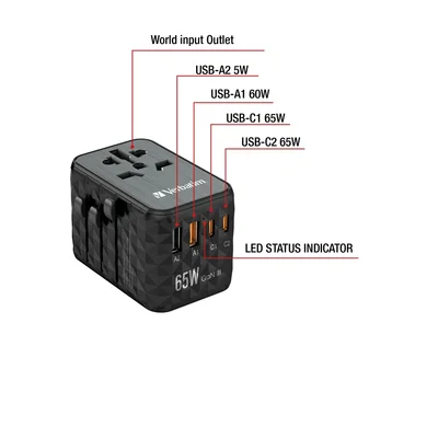 Verbatim UTA-05 GaN III Universal Travel Adapter with 2 x USB-C PD 65W & QC 4+ / 2 x USB-A